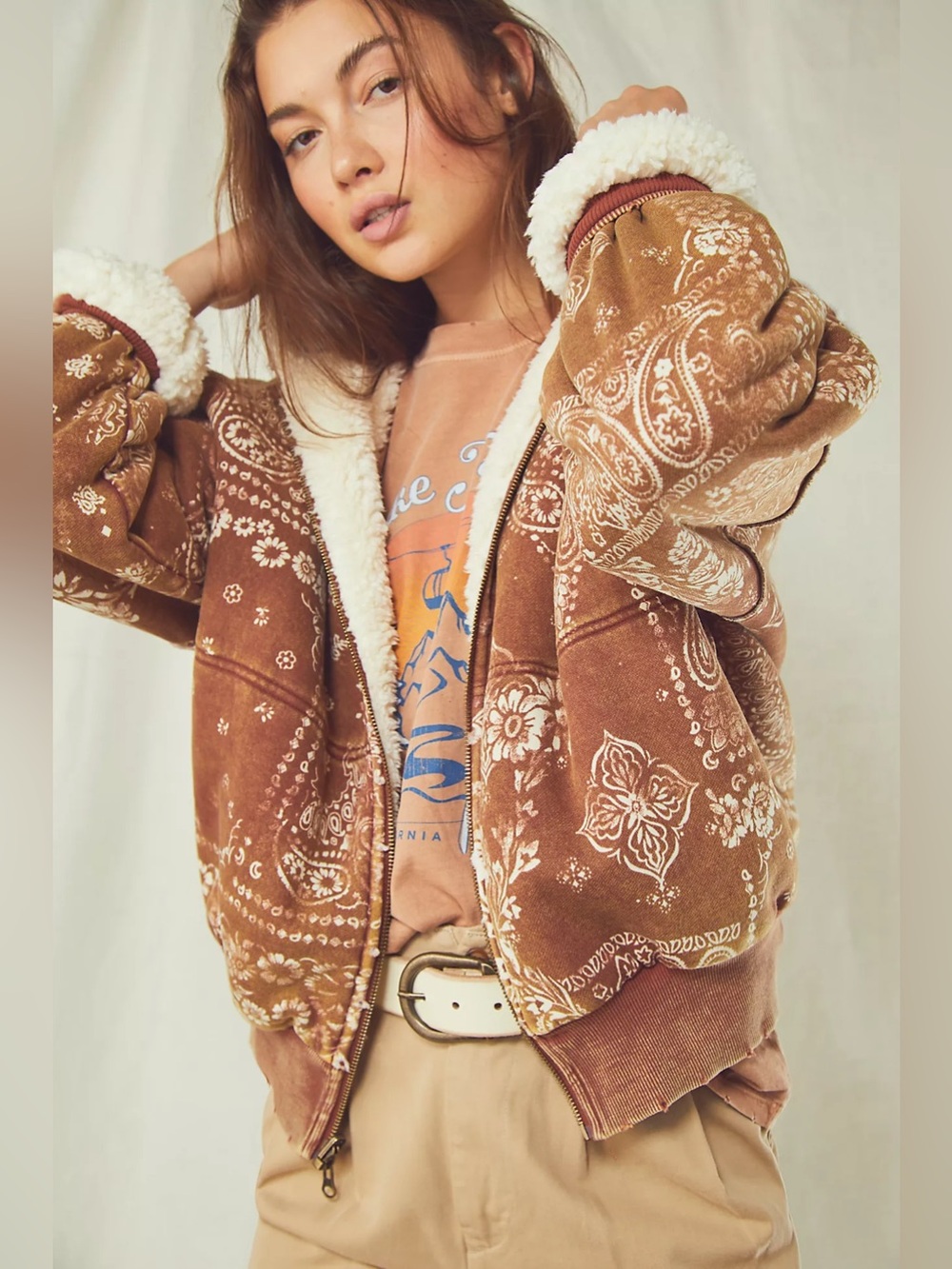 Free People Billie Jacket Brown Paisley Sherpa Lined Women Size Small